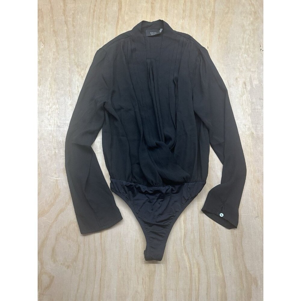 Vici Women’s V Neck Black Sheer Bodysuit S Dressy Blouse Career Stretch Bottom